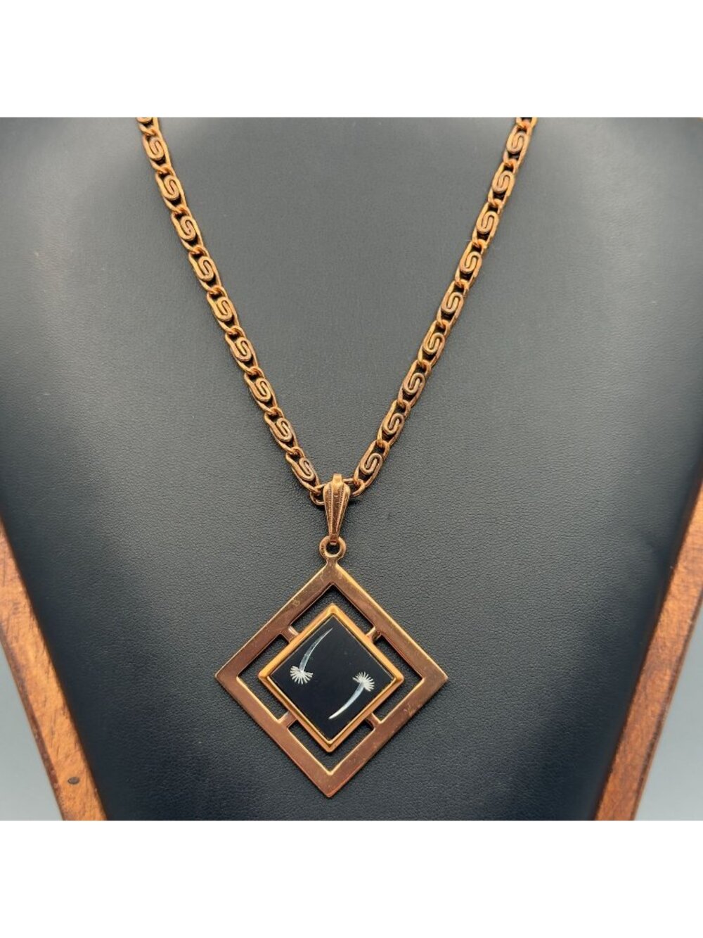 Vintage Copper Pendant Necklace Black Enamel Geometric Mod Art Deco Style